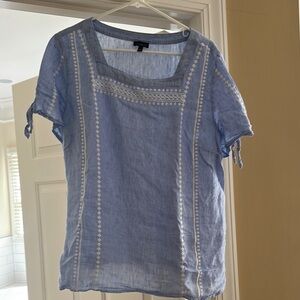 Talbots Linen Blue Embellished Short Sleeve Blouse